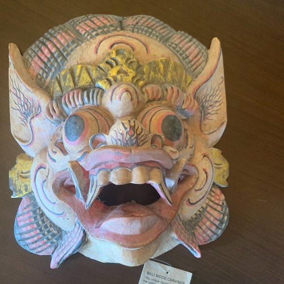 Vintage Painted Bali Wood Mask Balinese Barong Lion Singh Wall Art H/carved